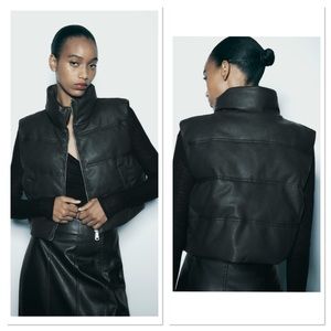 NWT Zara Quilted Faux Leather High Collar Cropped Vest Sz:S